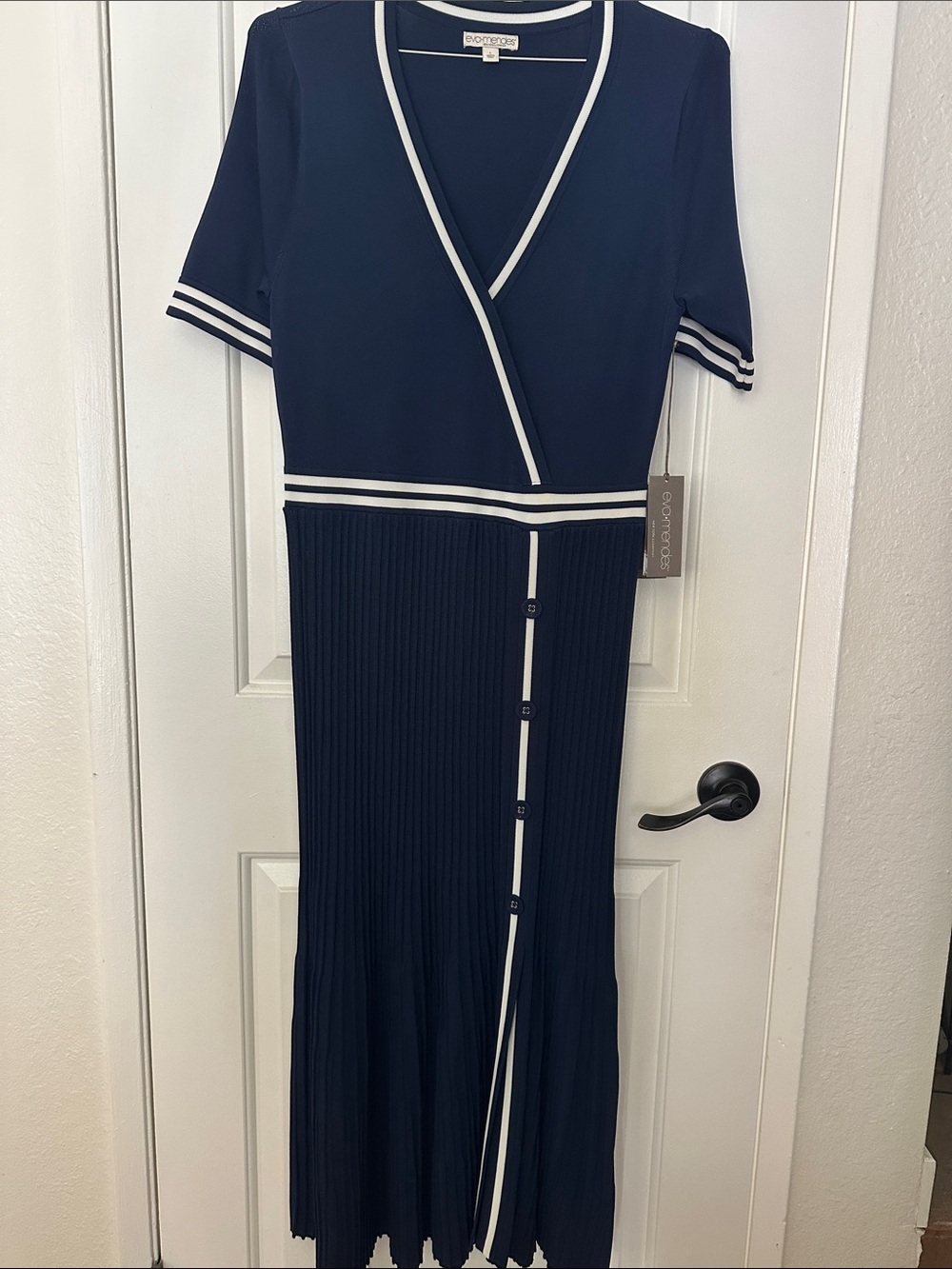 eva mendes for New York & Company Navy Midi Dress with White Trim